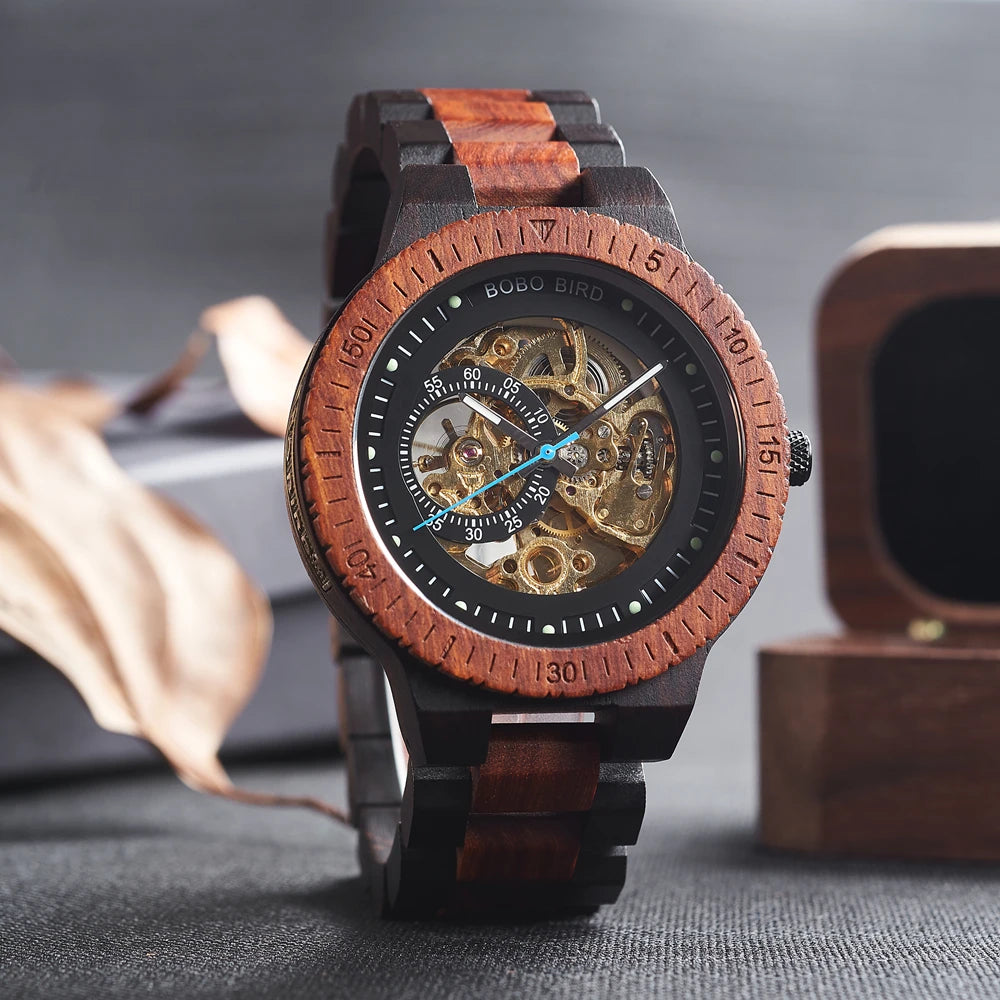 Men's Automatic Wooden Watch - Self-Wind Mechanical Skeleton Wristwatch
