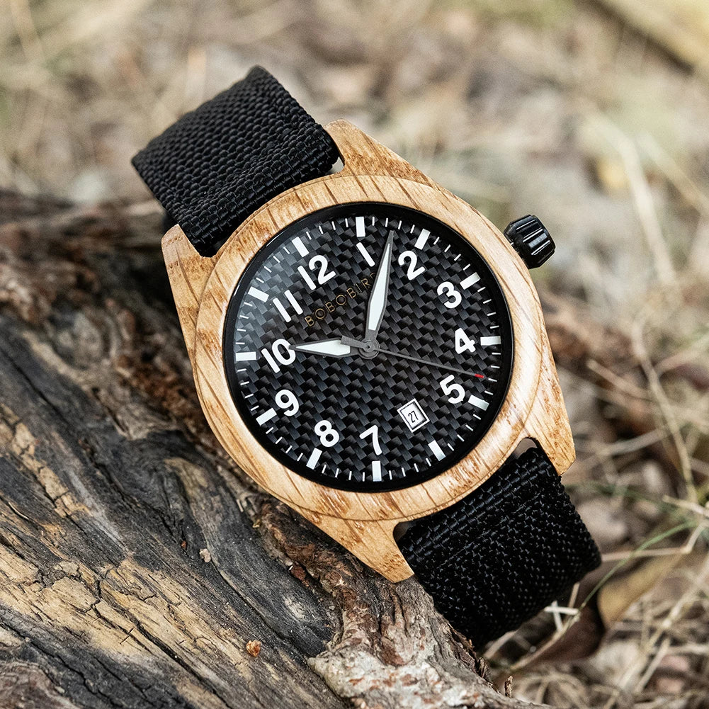 Vintage Mens Wooden Watch - Nylon Strap Casual Wristwatch for Men