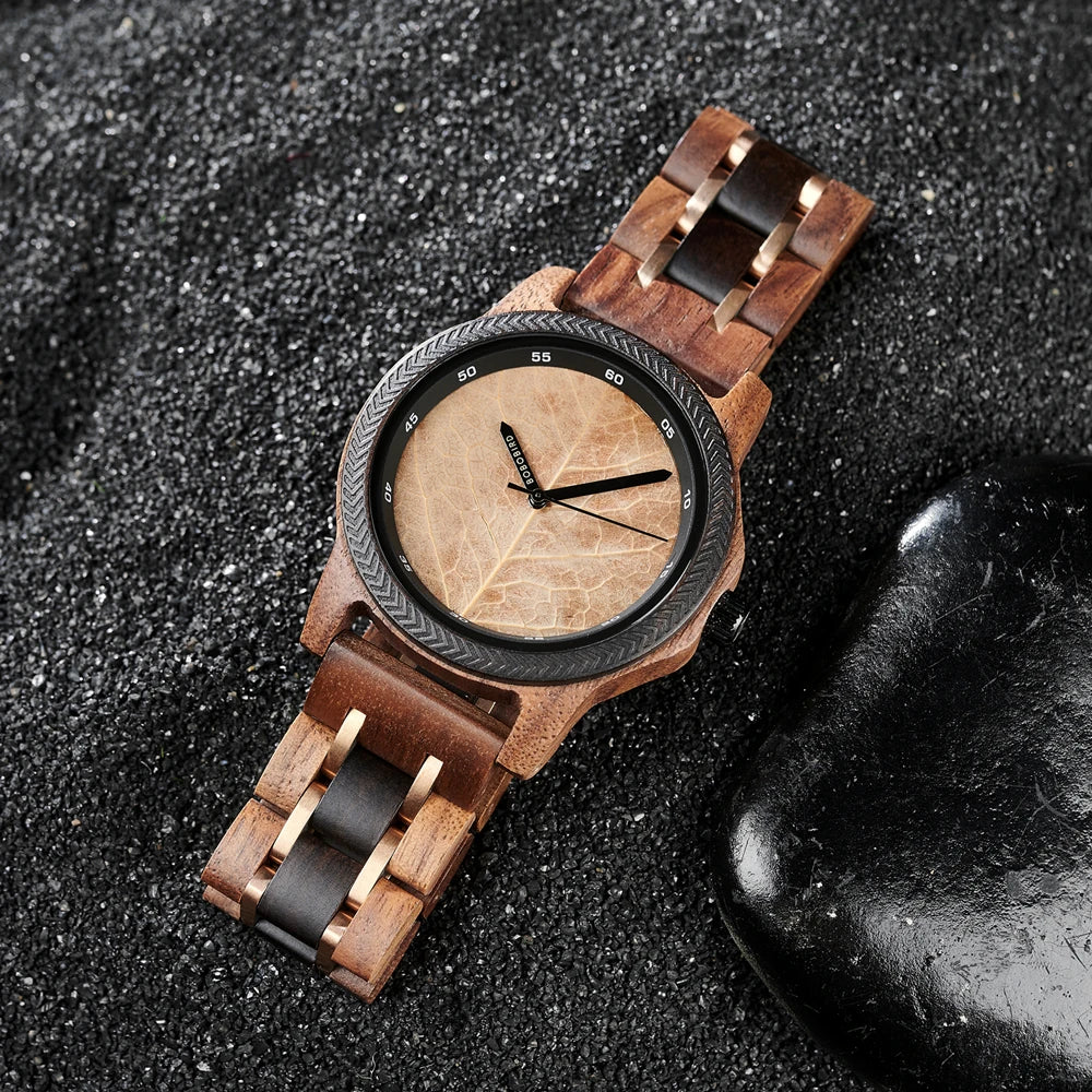 Men's Unique Leaf Dial Design Wooden Wristwatch - Quartz Movement - Analog Display