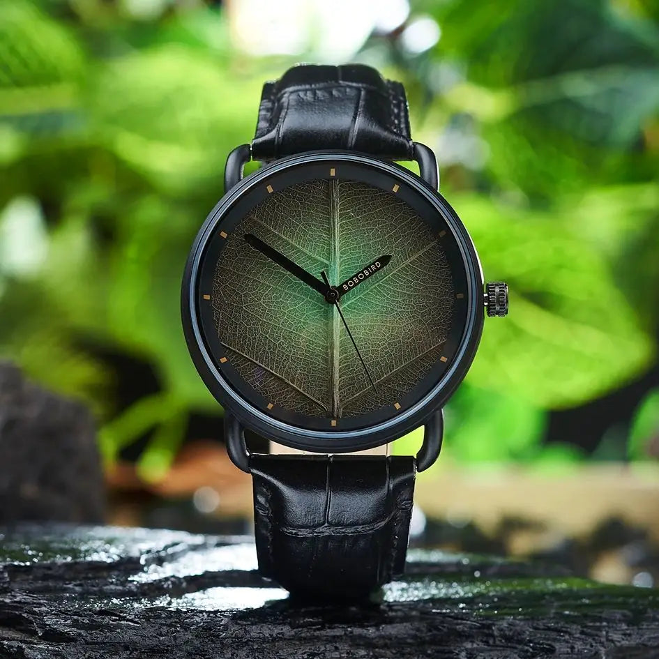 Unisex Wooden Watch With Real Leaf Dial Pattern - Fashion Wristwatch With Genuine Leather Strap For Men or Women