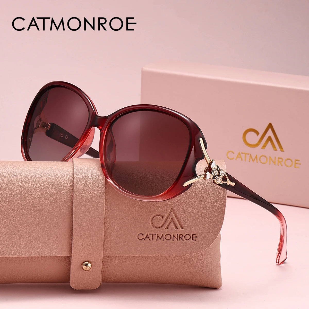 CATMONROE 1pcs Luxury Brand Women Sunglasses Exquisite Wine Red Mirror Frame Fox Style Adorned UV400 Travel Polarized Sunglasses