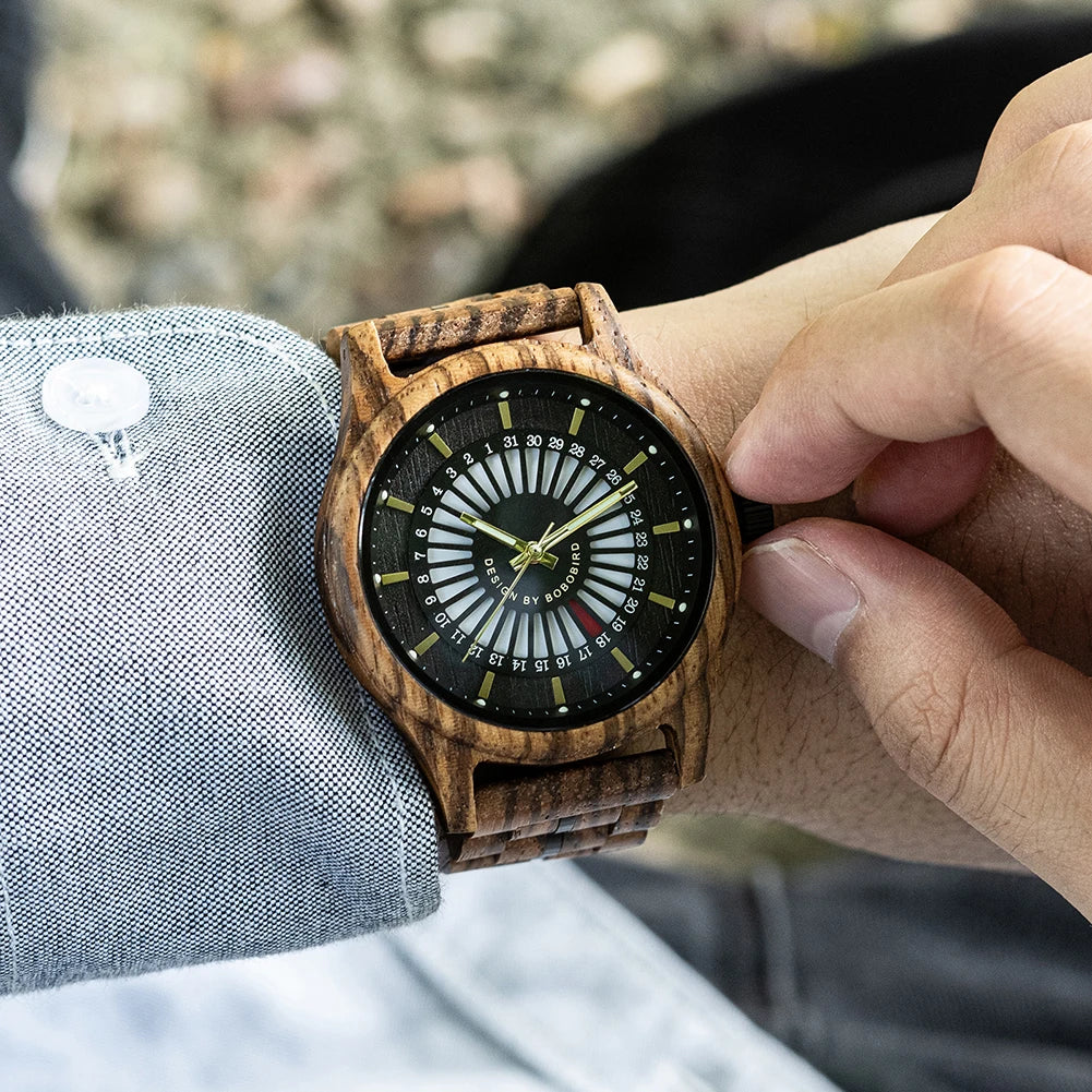 Unique Men's Wooden Watch Design - Chronographic Date Display On Face Wristwatch for Men