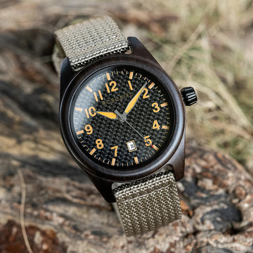 Vintage Mens Wooden Watch - Nylon Strap Casual Wristwatch for Men