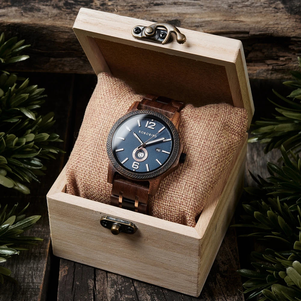 Mens Wooden Watch - Analog Watch for Men With Gift Box - Round Face Quartz Movement
