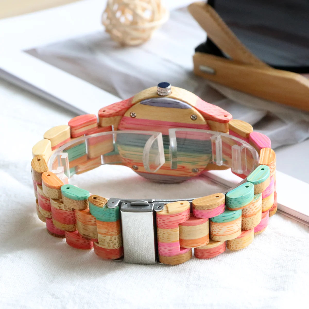 Women's Multicolor Natural Bamboo Wooden Watch - Classic Quartz Movement Analog Wristwatch for Ladies