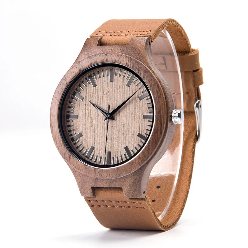 Mens Wooden Face Watch With Leather Wristband - Simple Rustic Timepiece