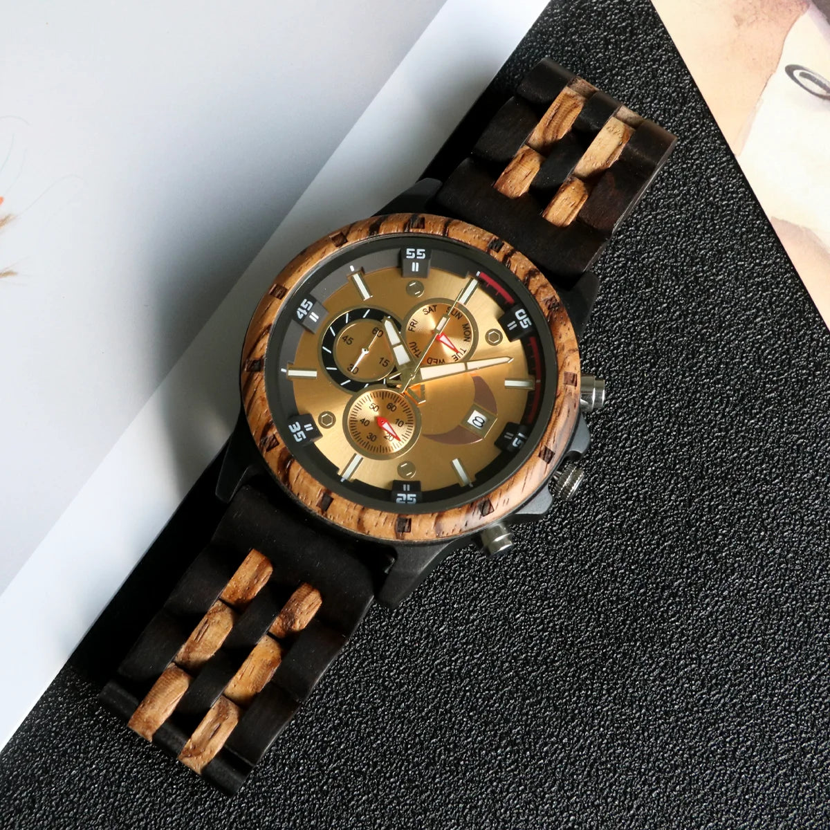Men’s Sports Wooden Wrist Watch - Multifunction Analog Face & Quartz Movement