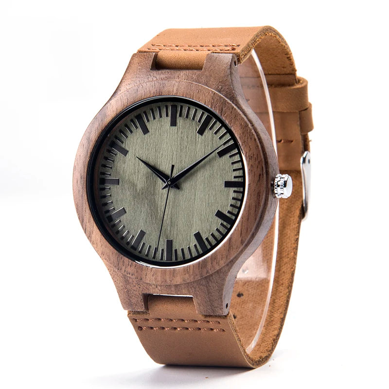 Wooden Unisex Wrist Watches - Classic Analog Quartz Movement With Tan Leather Band