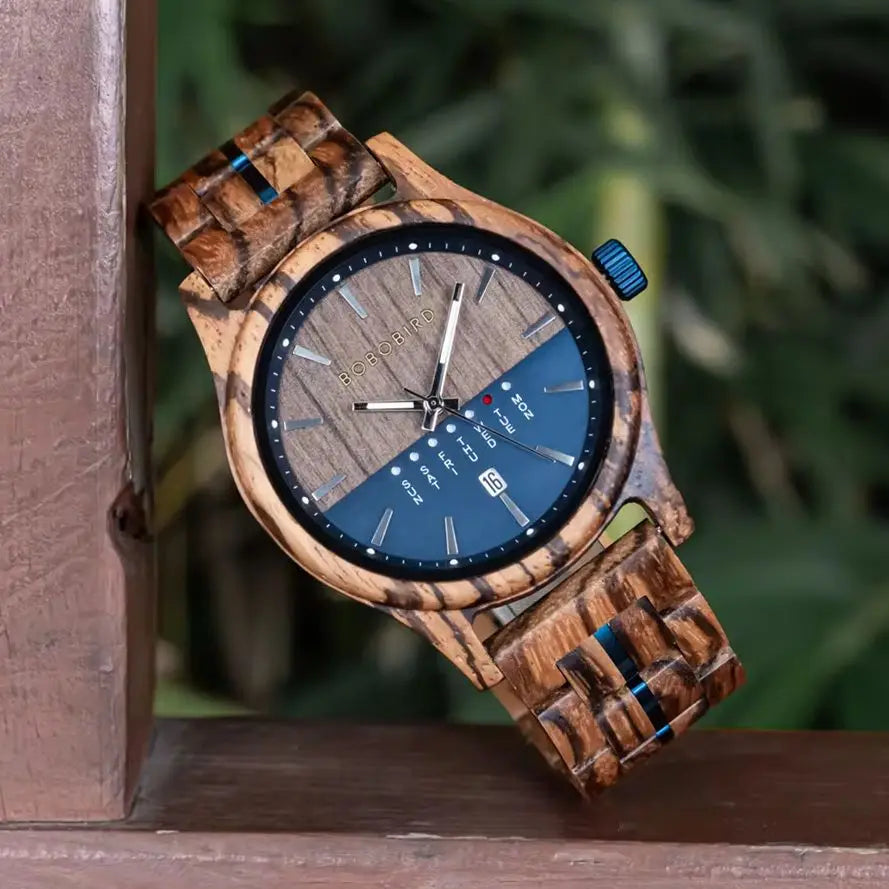 Men's Wooden Wooden Wristwatch - Quartz Movement with Week & Date Display Calendar