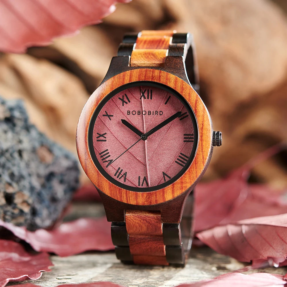 Wooden Mens Watch with Leaf Dial Design - Quartz Movement and Round Face - Casual Dress Wristwatch for Men