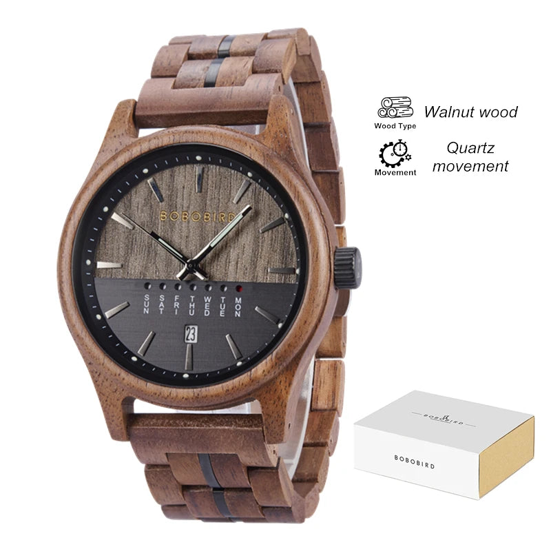 Men's Wooden Wooden Wristwatch - Quartz Movement with Week & Date Display Calendar