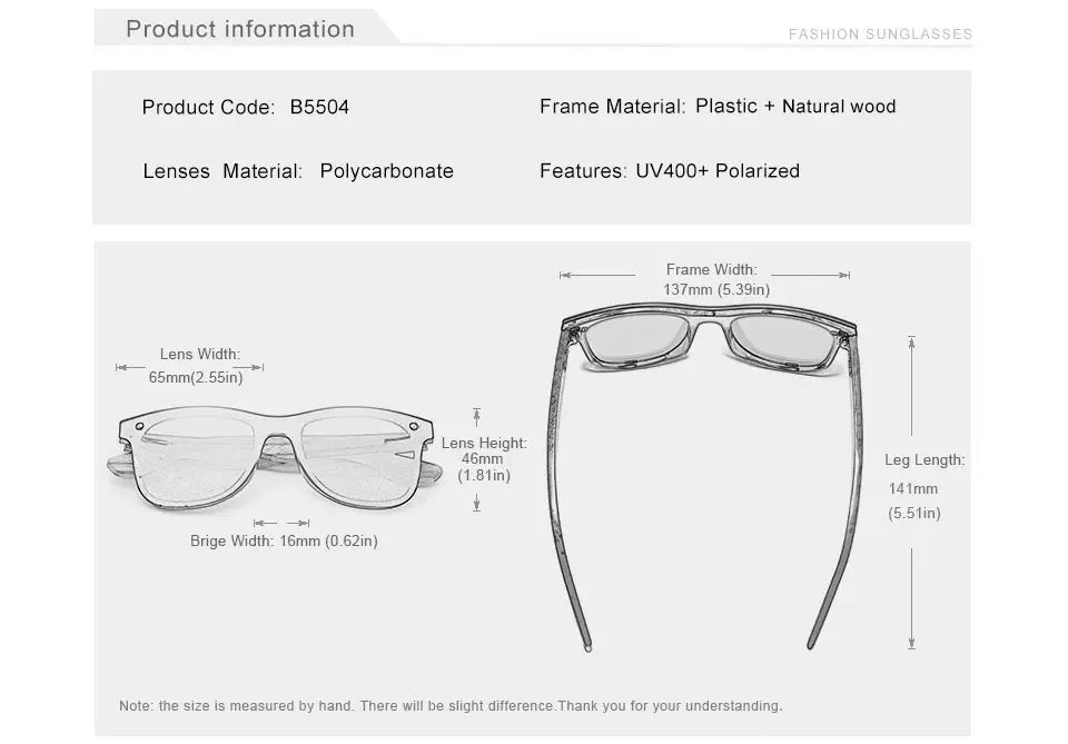 Men’s UV Polarized Mirror Lens Sunglasses - Rectangular Shaped Wooden Frames