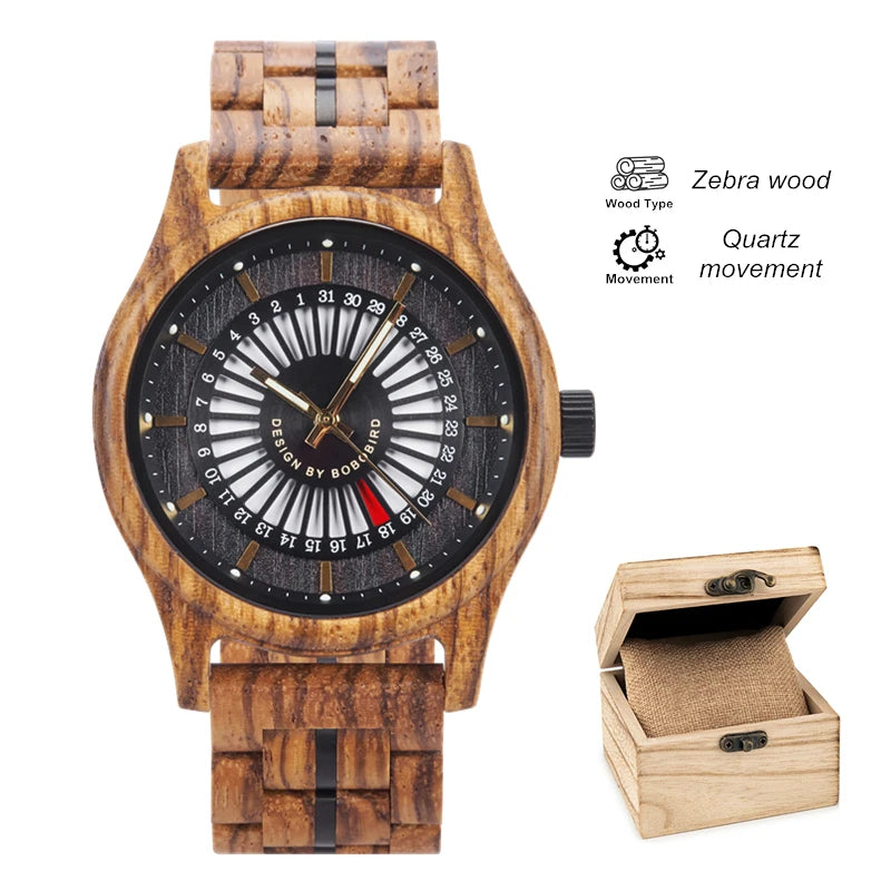 Unique Men's Wooden Watch Design - Chronographic Date Display On Face Wristwatch for Men