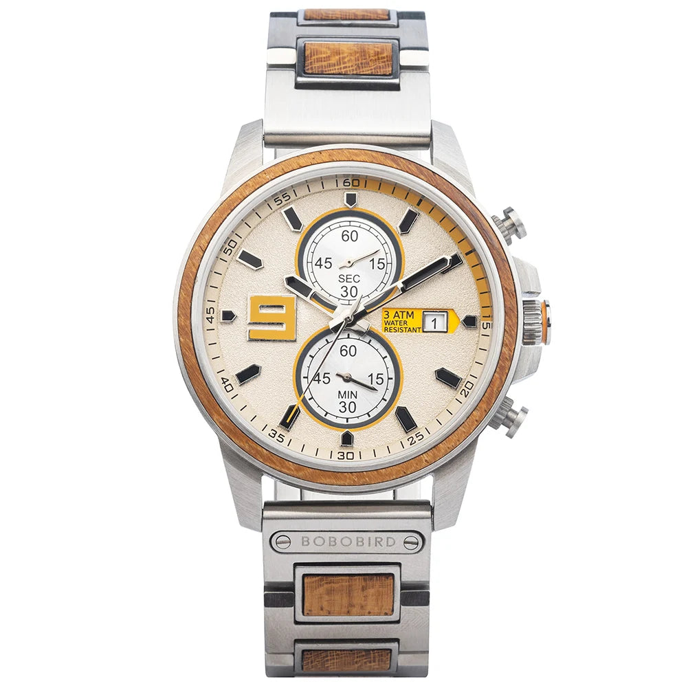 Men's Stylish Wood & Stainless Steel Combination Watch - Quartz Movement Chronographic Date & Time Face
