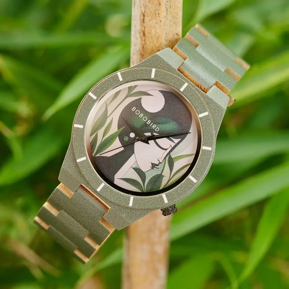 Men's Bamboo Wooden Watch with Pattern - Quartz Movement Pattern Printed Colorful Wristwatch