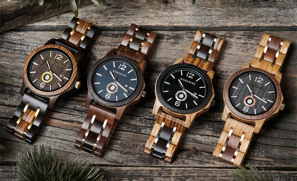 Mens Wooden Watch - Analog Watch for Men With Gift Box - Round Face Quartz Movement