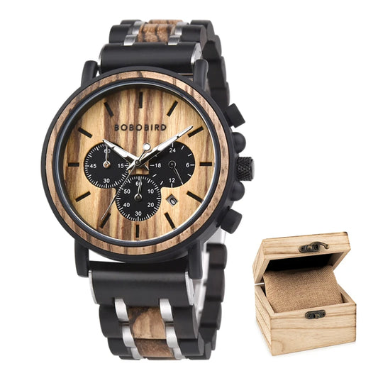 Men's Wooden Wristwatch With Auto Date Chronographic Face