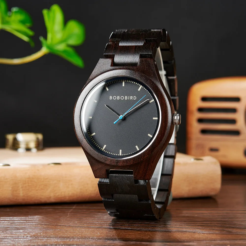 Men's Wooden Watch for Casual Dress - Wrist Watch with Ebony Wood and Analog Face