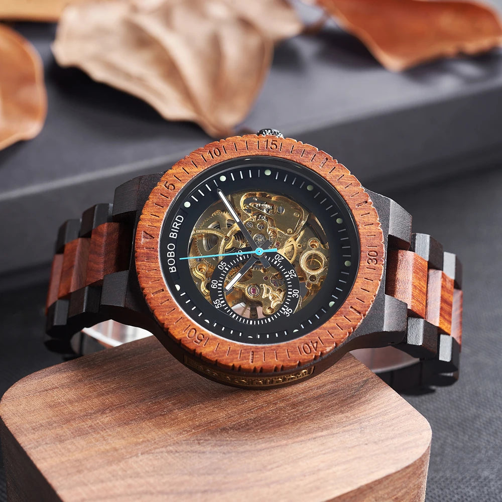 Men's Automatic Wooden Watch - Self-Wind Mechanical Skeleton Wristwatch