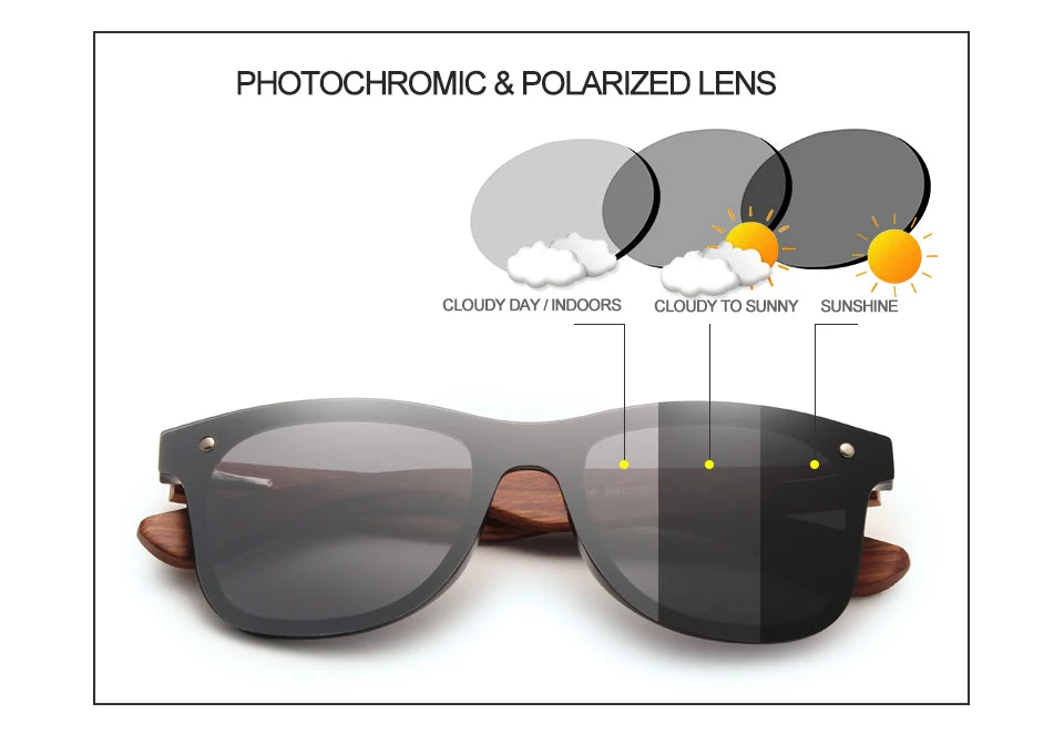 Men’s UV Polarized Mirror Lens Sunglasses - Rectangular Shaped Wooden Frames