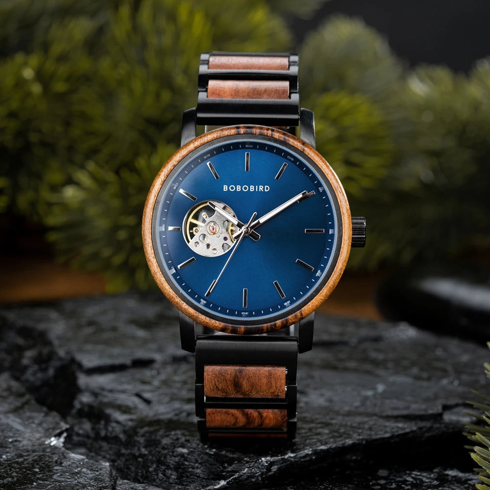 Men's Automatic Watch - Wood & Stainless Steel Combined - Mechanical Movement Self-Winding Wristwatch
