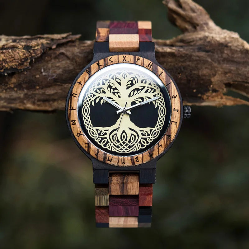 Men's Handmade Wooden Wristwatch - Viking Style Carved Round Face - Quartz Movement