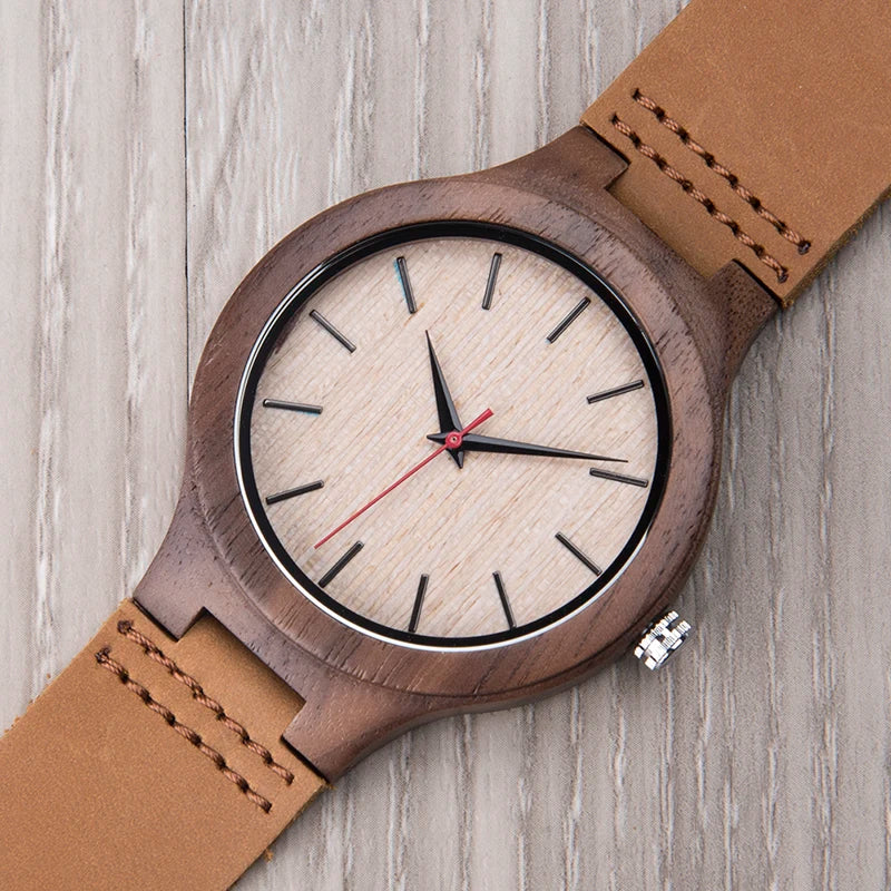Wooden Unisex Wrist Watches - Classic Analog Quartz Movement With Tan Leather Band