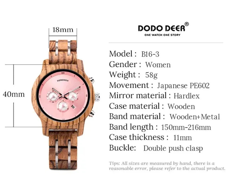 Women’s Luxury Wooden Watch with Chronograph Date and Quartz Movement