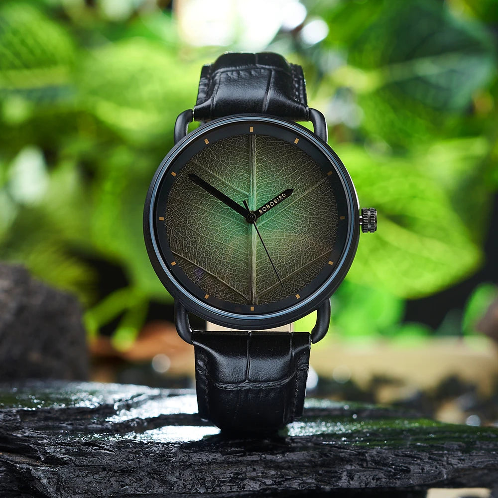 Unisex Wooden Watch With Real Leaf Dial Pattern - Fashion Wristwatch With Genuine Leather Strap For Men or Women