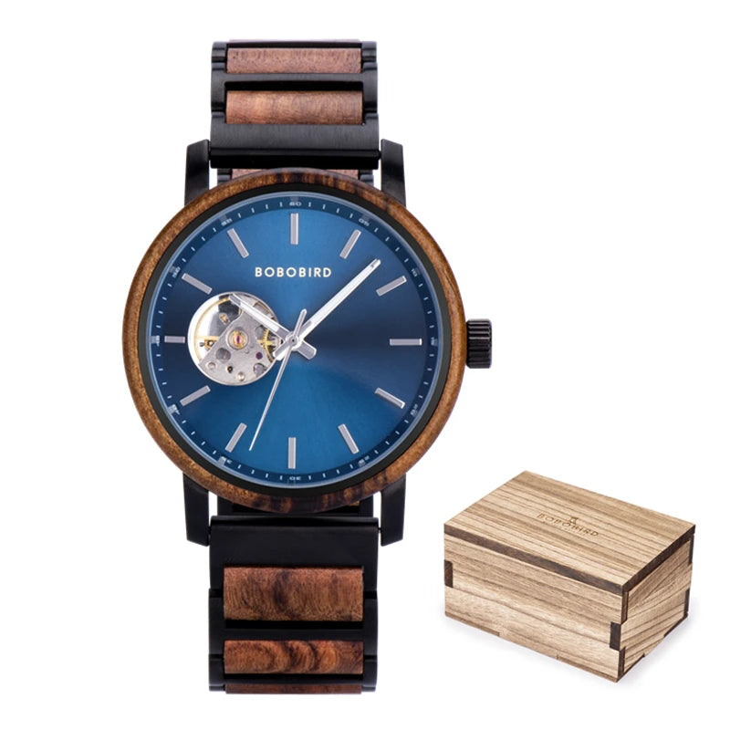 Men's Automatic Watch - Wood & Stainless Steel Combined - Mechanical Movement Self-Winding Wristwatch