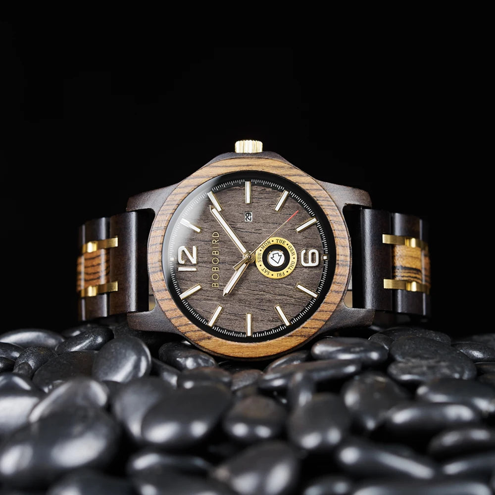Mens Wooden Watch - Analog Watch for Men With Gift Box - Round Face Quartz Movement