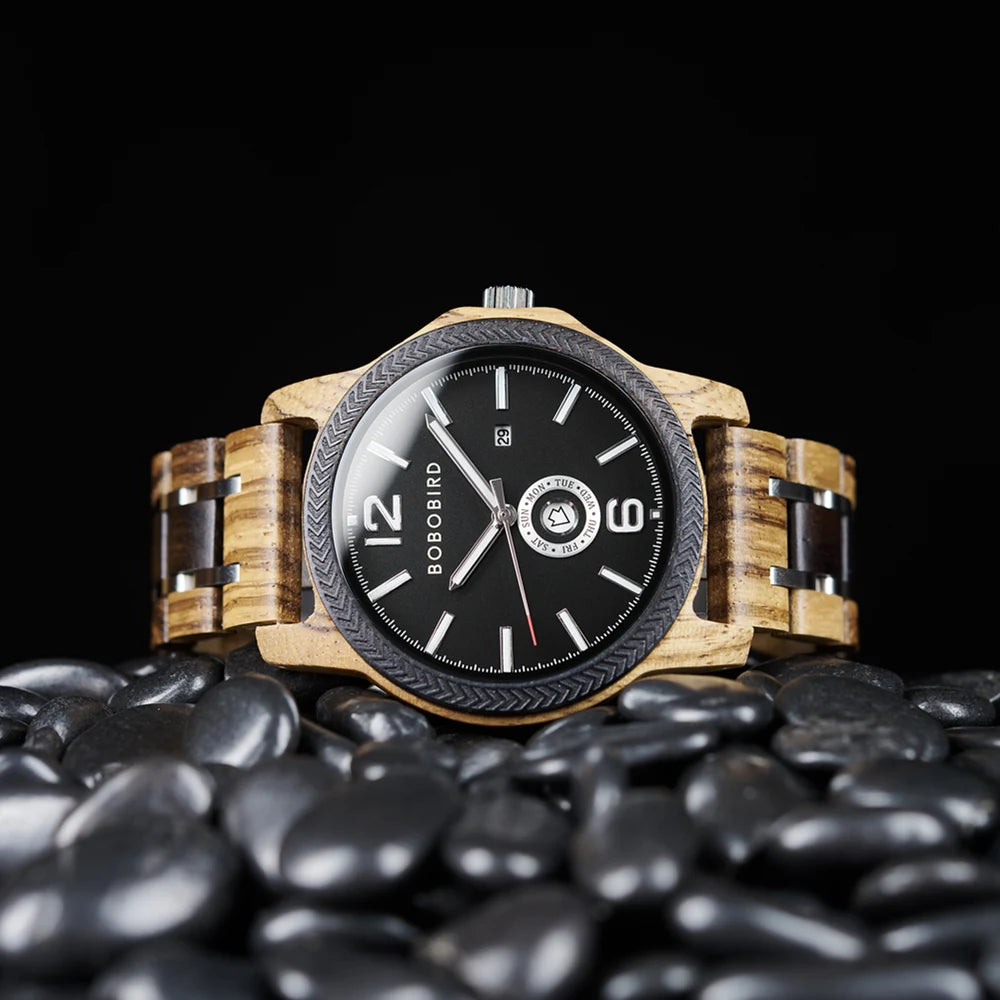 Mens Wooden Watch - Analog Watch for Men With Gift Box - Round Face Quartz Movement