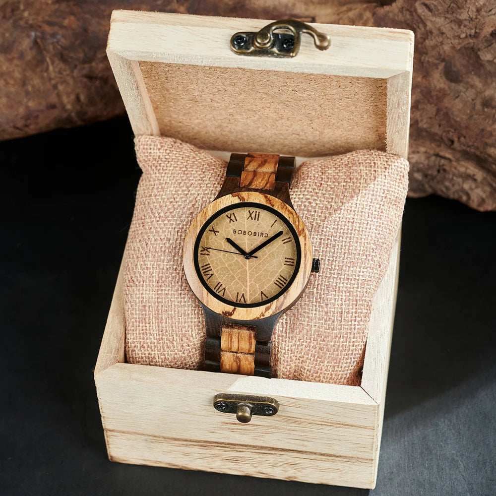 Wooden Mens Watch with Leaf Dial Design - Quartz Movement and Round Face - Casual Dress Wristwatch for Men