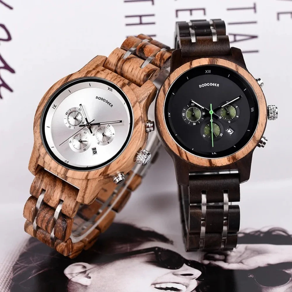 Women’s Luxury Wooden Watch with Chronograph Date and Quartz Movement