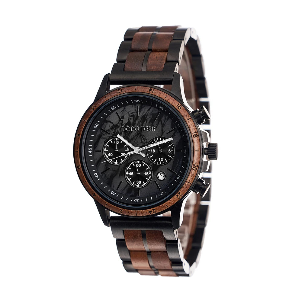 Luxury Wooden Watch For Men - Chronographic Round Face With Time And Date Display