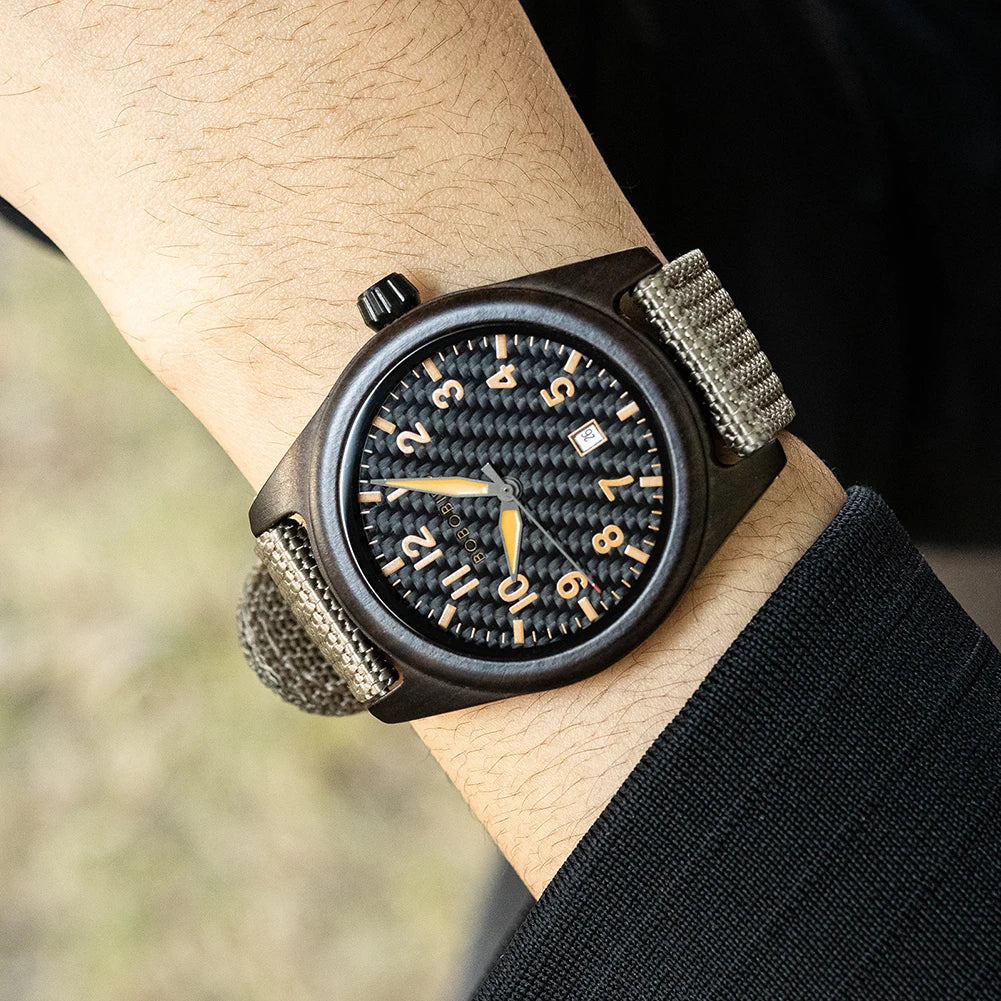 Vintage Mens Wooden Watch - Nylon Strap Casual Wristwatch for Men