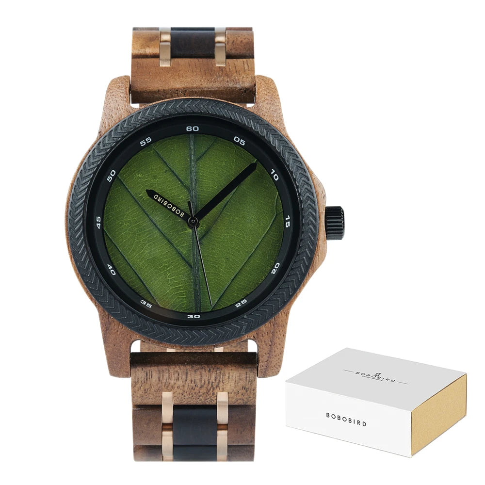 Men's Unique Leaf Dial Design Wooden Wristwatch - Quartz Movement - Analog Display