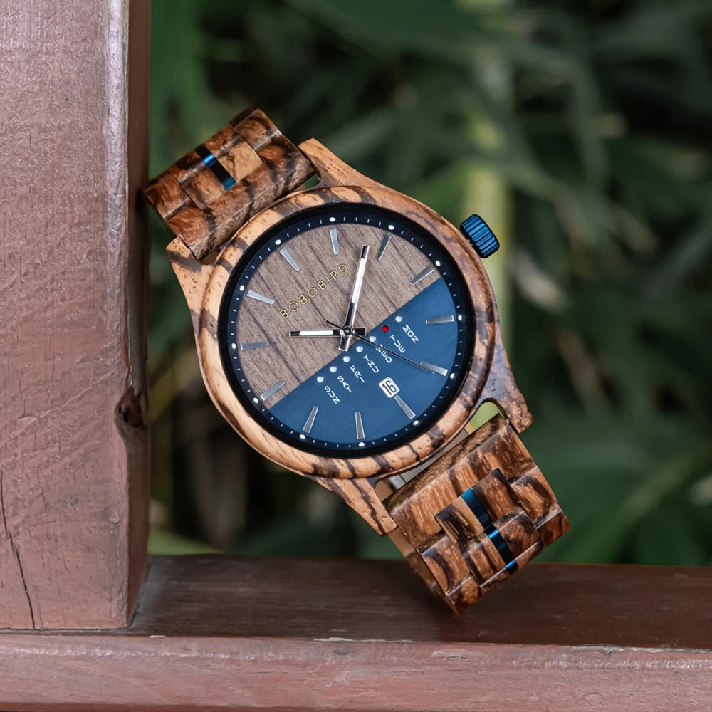 Men's Wooden Wooden Wristwatch - Quartz Movement with Week & Date Display Calendar