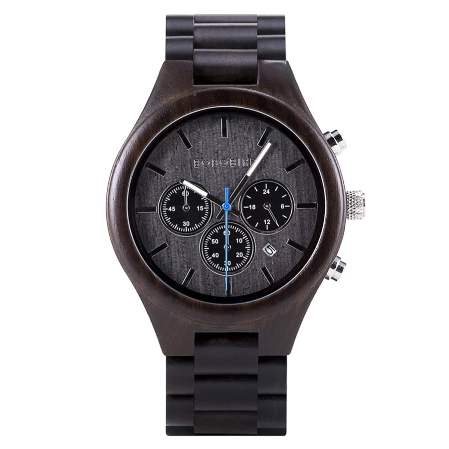Men's Chronographic Time & Date Wooden Watch - Sports Style With Luminous Hands