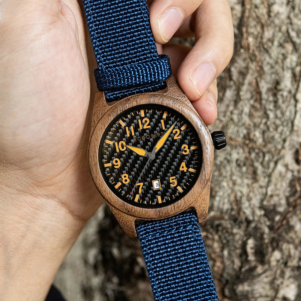 Men's Wooden Watch with Nylon Strap - Casual Wristwatch for Men - Quartz Movement & Analog Display