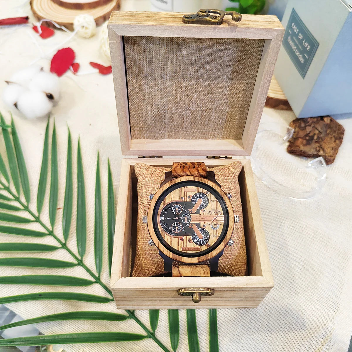 Men's Large Chronographic Dial Wooden Watch - Sports Style With Luminous Hands And Quartz Movement