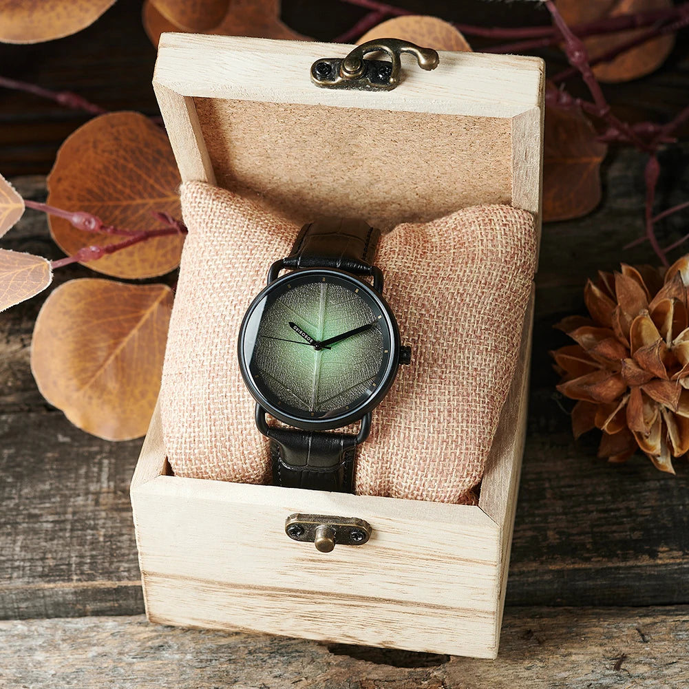 Unisex Wooden Watch With Real Leaf Dial Pattern - Fashion Wristwatch With Genuine Leather Strap For Men or Women