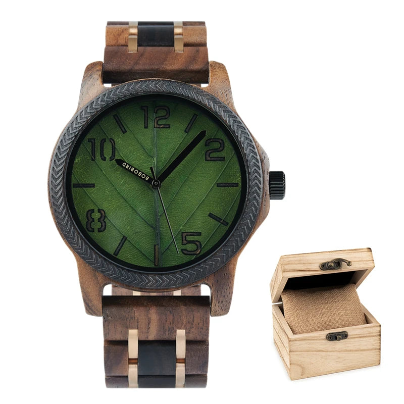 Men's Unique Leaf Dial Design Wooden Wristwatch - Quartz Movement - Analog Display