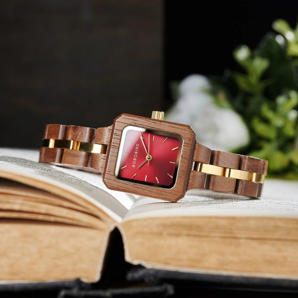 Fashion Women's Watch Wooden Links Square Face Wrist Watch for Ladies Special Gift