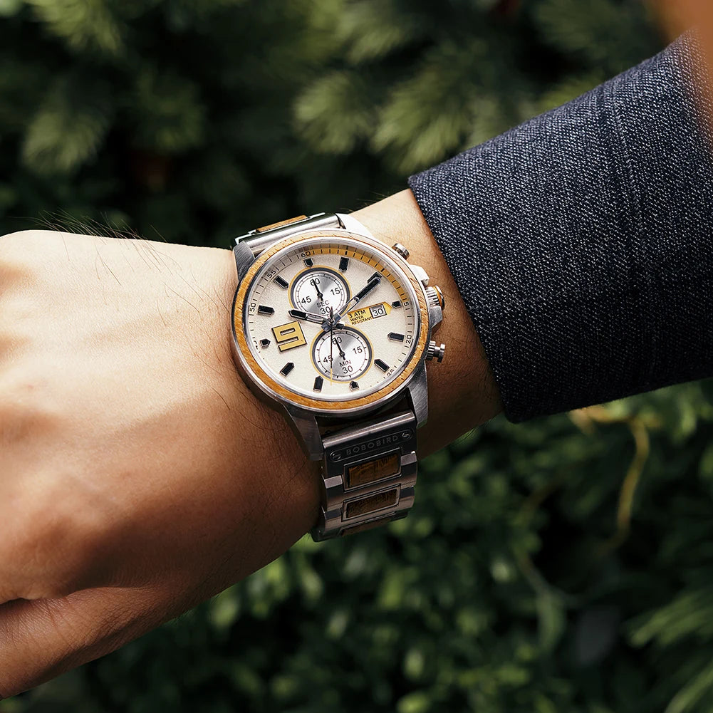 Men's Stylish Wood & Stainless Steel Combination Watch - Quartz Movement Chronographic Date & Time Face