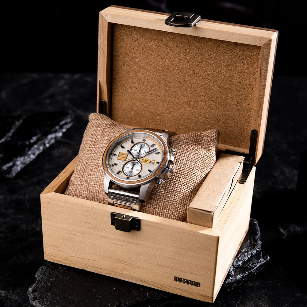 Men's Stylish Wood & Stainless Steel Combination Watch - Quartz Movement Chronographic Date & Time Face