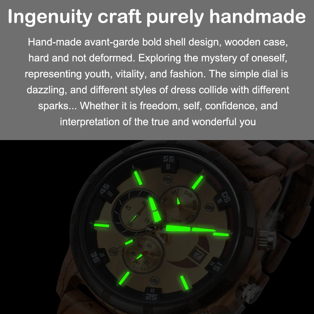 Men’s Sports Fashion Wooden Watch - Chronographic Analog Face With Luminous Hands