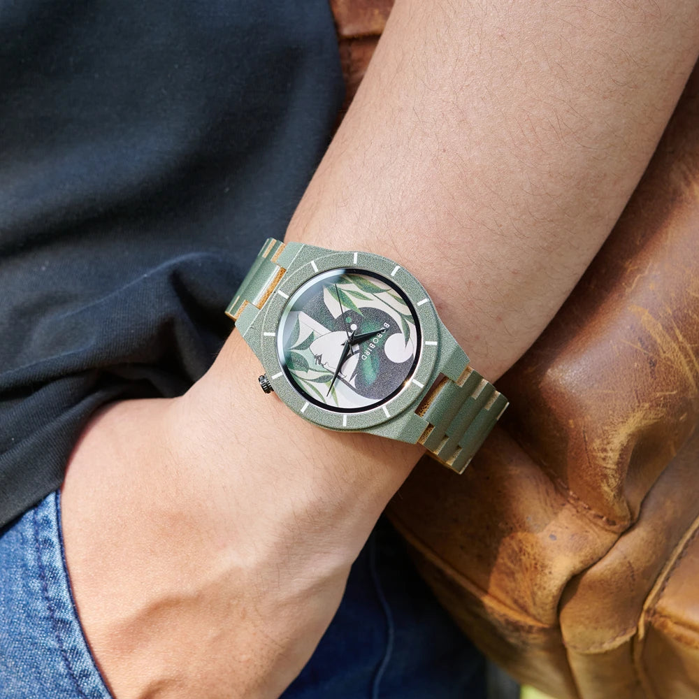 Men's Bamboo Wooden Watch with Pattern - Quartz Movement Pattern Printed Colorful Wristwatch