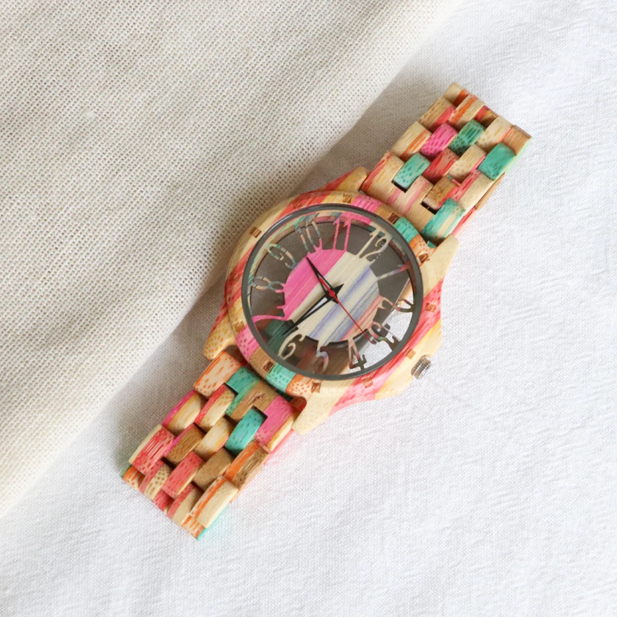 Colorful Unisex Wooden Wristwatch For Men or Women - Quartz Movement And Hollowed Out Classic Analog Face With Traditional Numbers