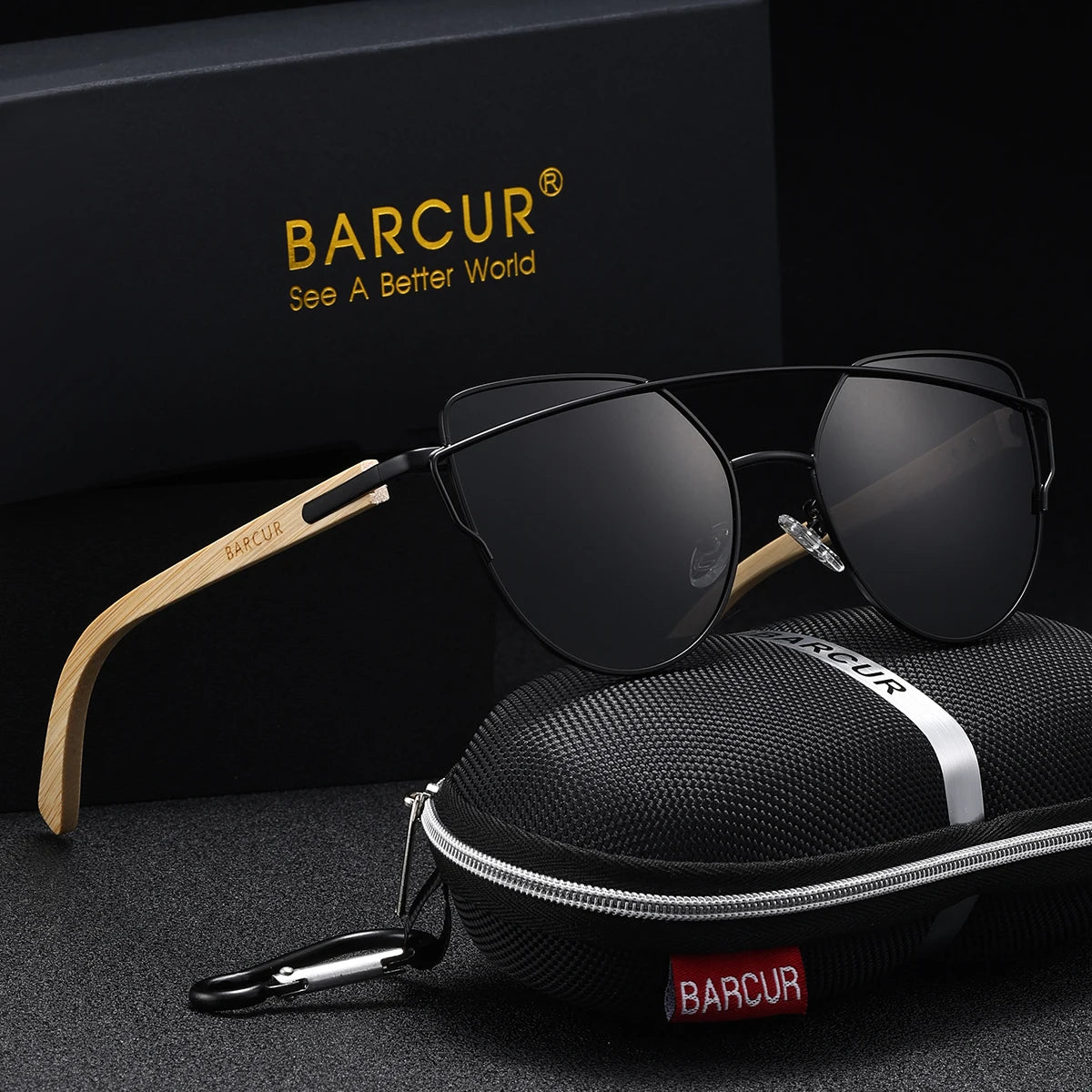 BARCUR Luxury Brand Women Polarized Sunglasses Metal Cat Eye Frame Bamboo Glasses Women Fashion UV400 Sun Shades Glasses